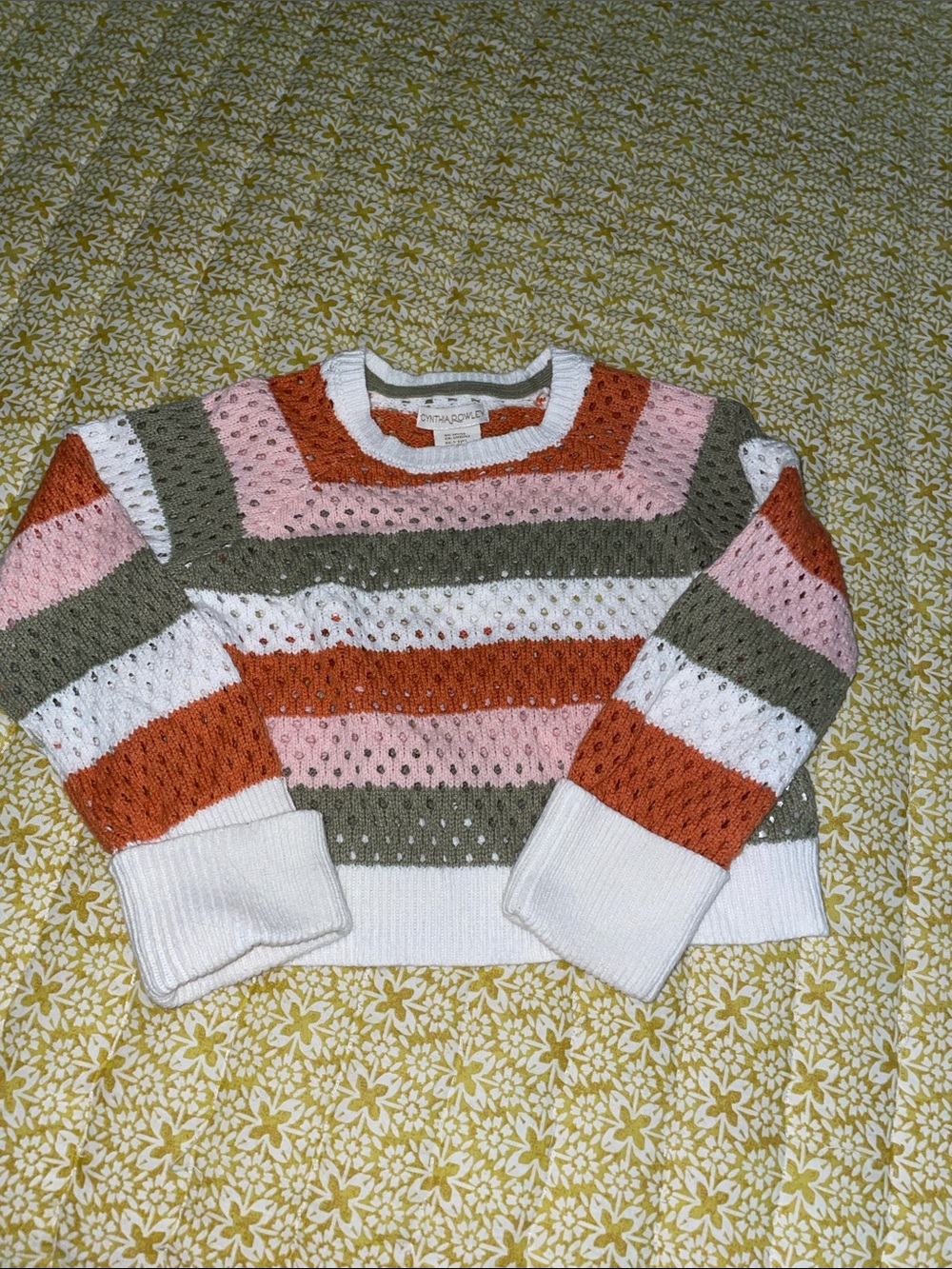 Cynthia Rowley Striped  Crewneck Sweater in Pink, Olive, Rust & White